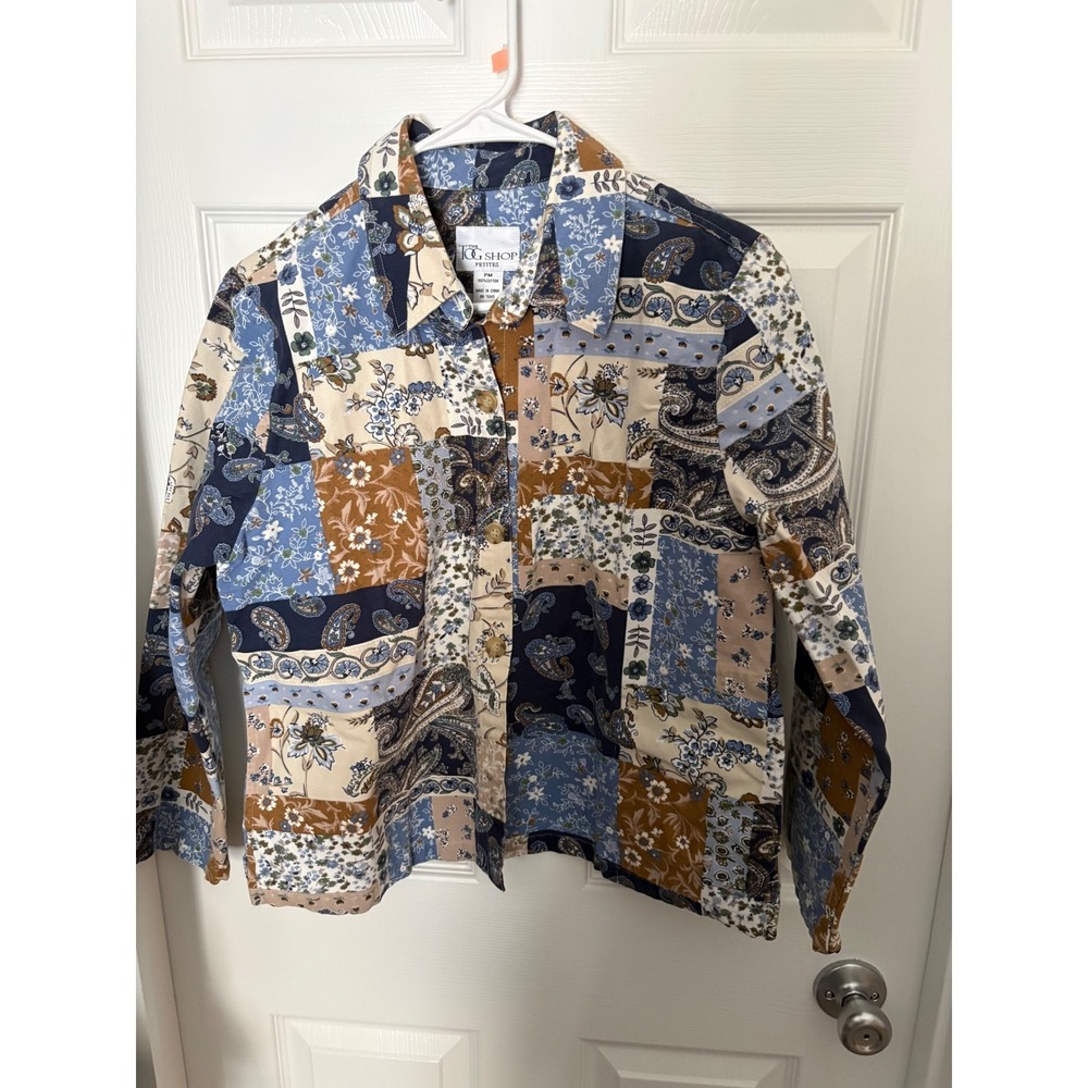 The TCG‎ Shop Petites Patchwork Button Down Shirt Womens Size PM Multi Color